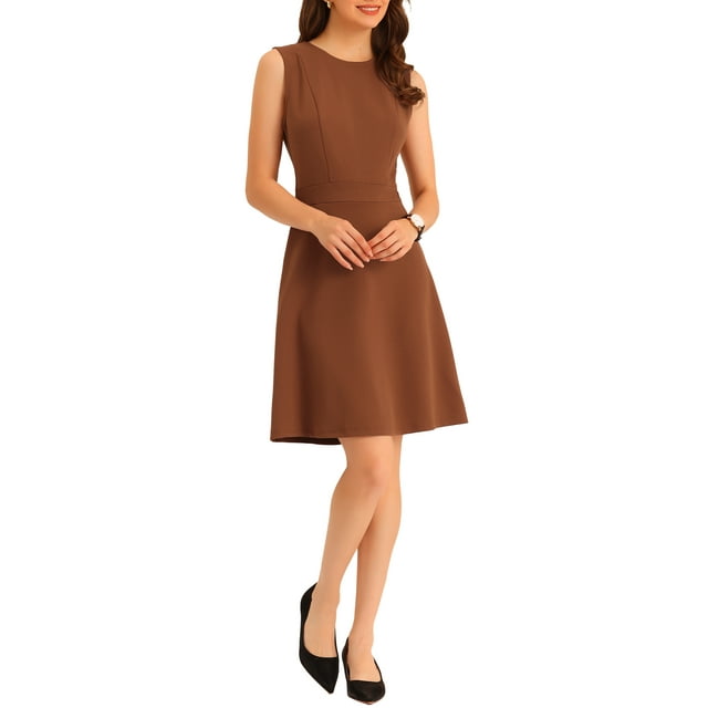 INSPIRE CHIC Robe Midi Évasée Sans Manches à Ligne A Unie pour Femme pour le Travail S Brun