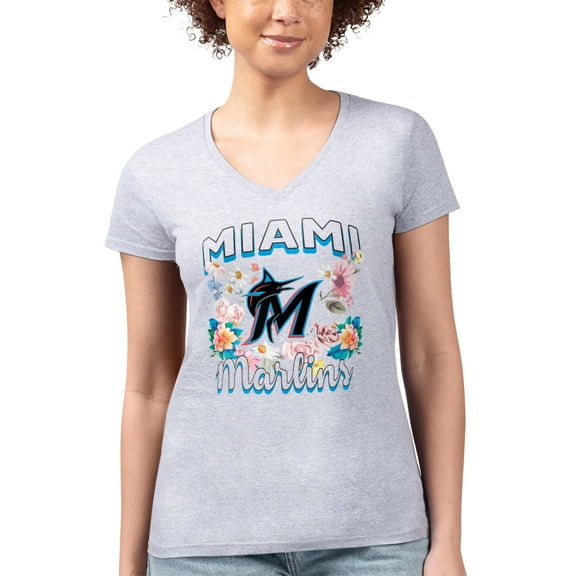 Women's G-III 4Her by Carl Banks Heather Gray Miami Marlins Flowers Graphic Fitted V-Neck T-Shirt