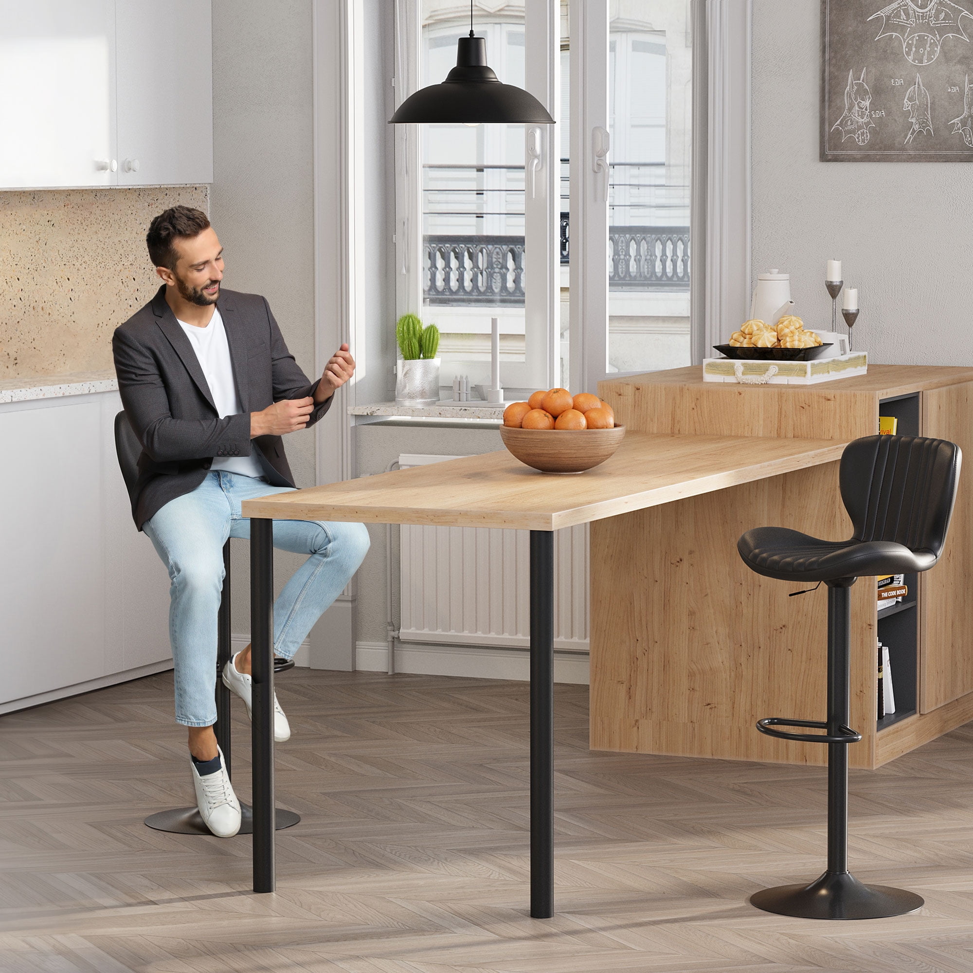 Walsunny Adjustable Bar Stools Set of 2 Leather Upholstered Swivel Counter Stools Counter Height Bar Stools with Large Base, Room Bar, Black