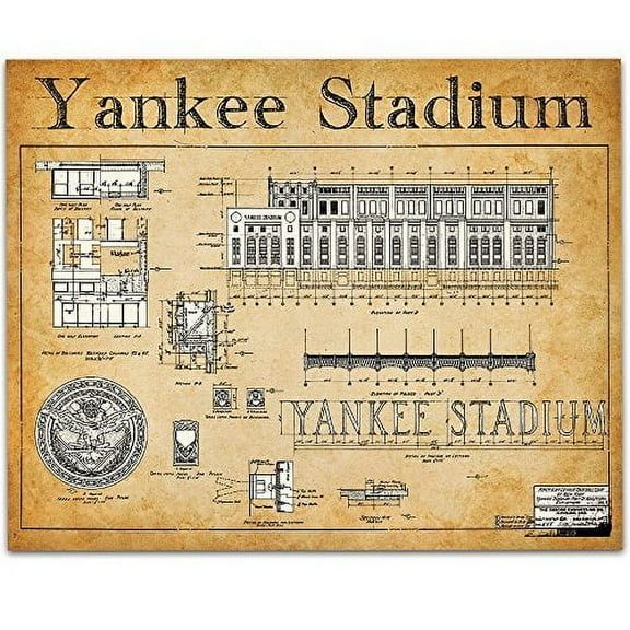 Yankee Stadium Blueprints Art Print - 11x14 Unframed Art Print - Great Sports Bar Decor and Gift for Baseball Fans