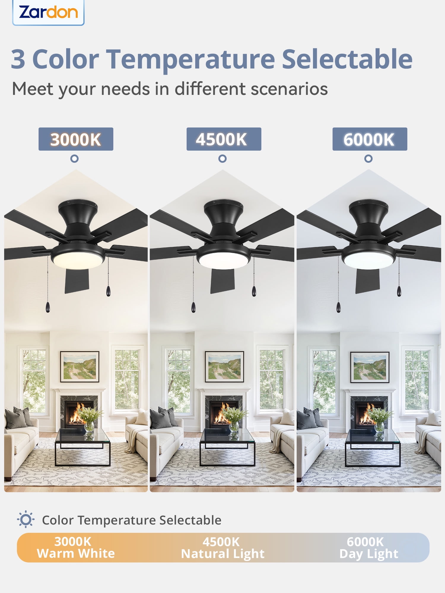 Zardon 52" Modern Ceiling Fan with Light and Remote Control & Dual Pull-Chain, Black Ceiling fans for Bedroom Living Room Indoor, 6 Speed, Ultra-Quiet DC Motor
