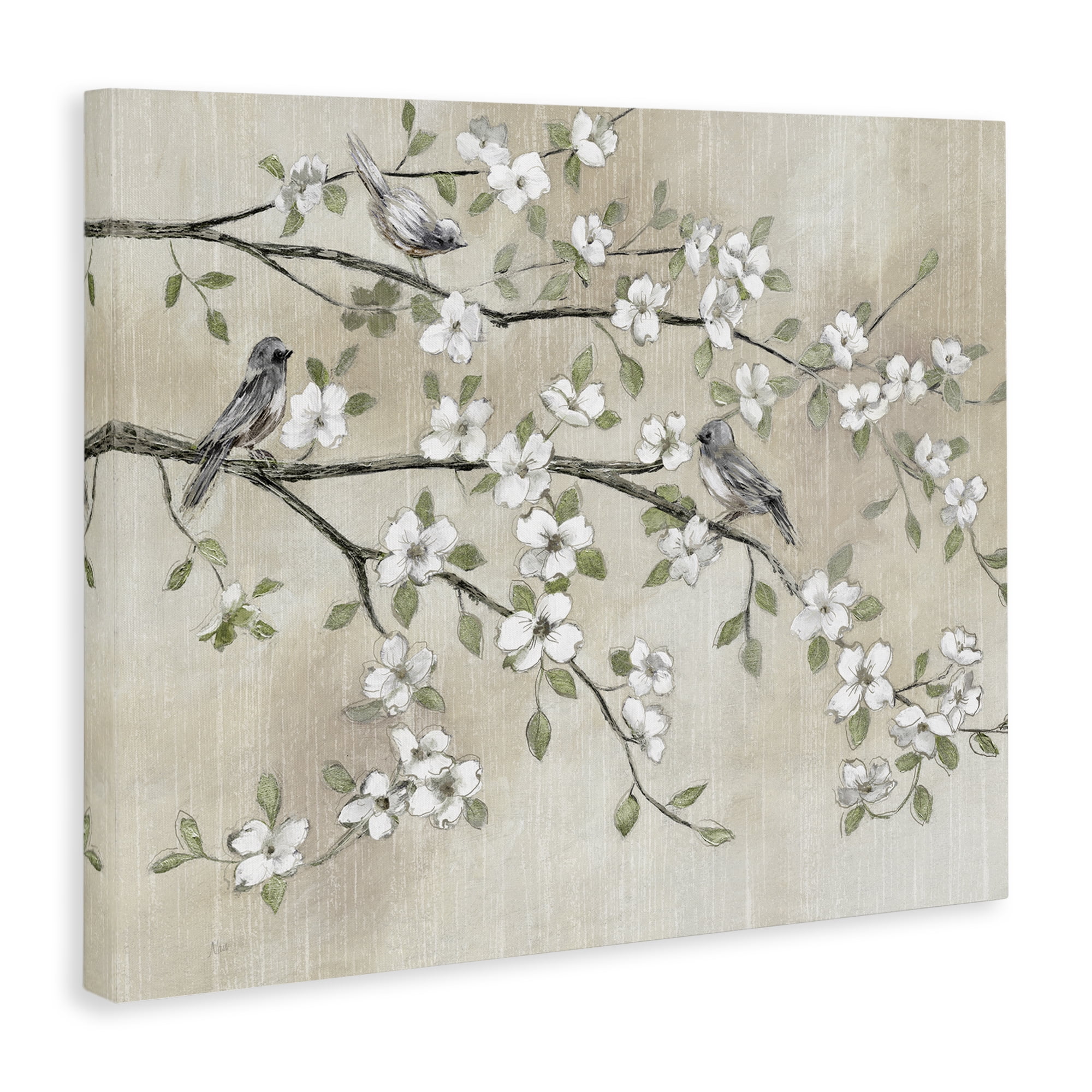 Traditional White Cherry Blossom Birds Branches Painting Canvas Art, 30 x 24, Design By Artist Nan