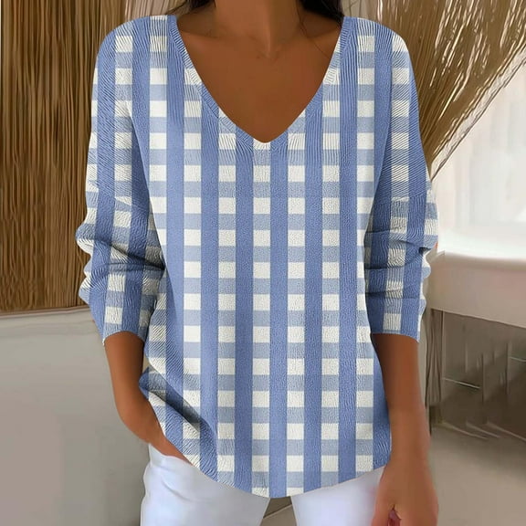 gbyLJF Women's Checkered Printed Knitted Sweater Casual Loose Comfortable V-neck Long Sleeve Pullover Fall Winter Base Layer Shirts Top