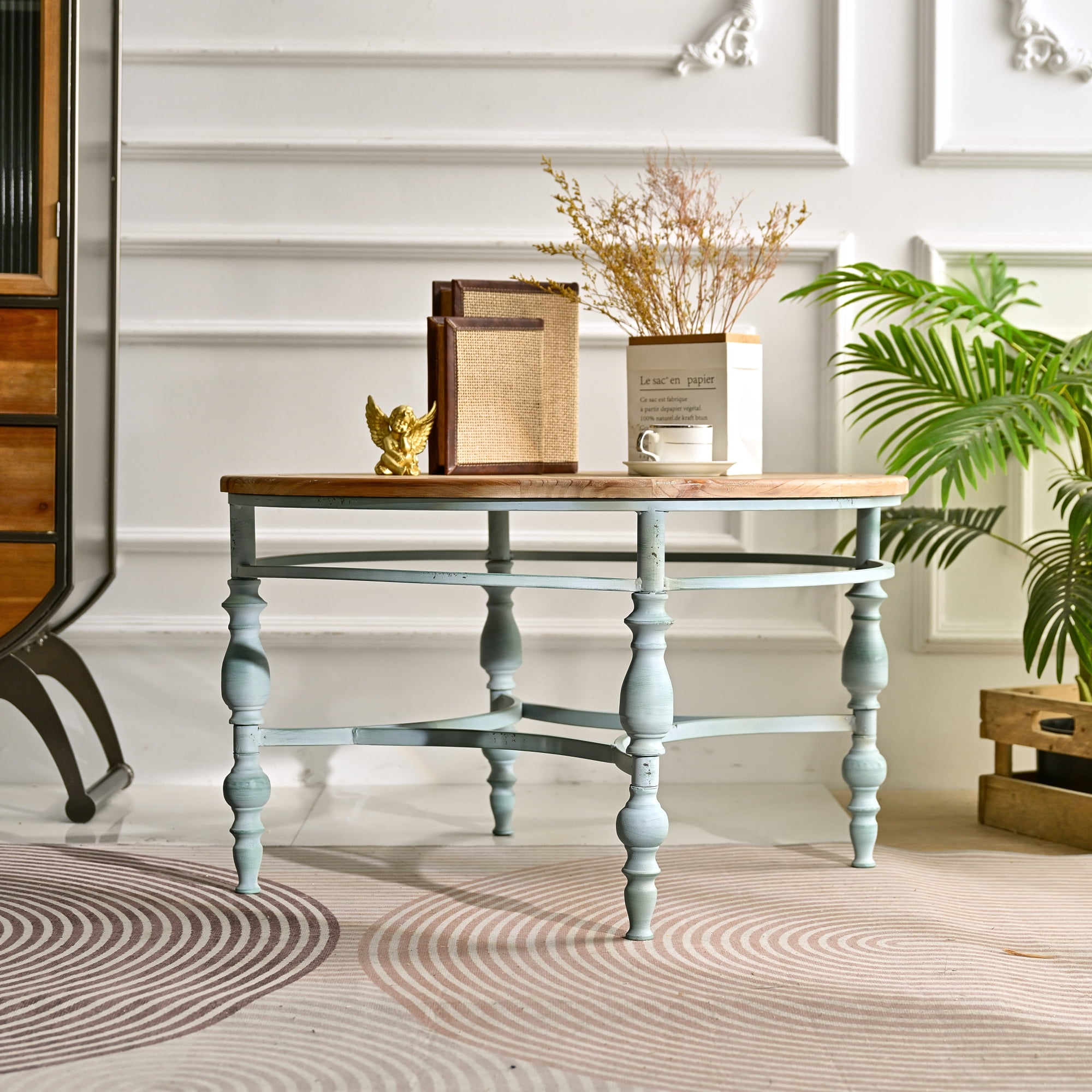 Leumius 31.50" Accent Rustic Carved Coffee Table, Round Wooden Top Metal Leg Round End Table for Living Room