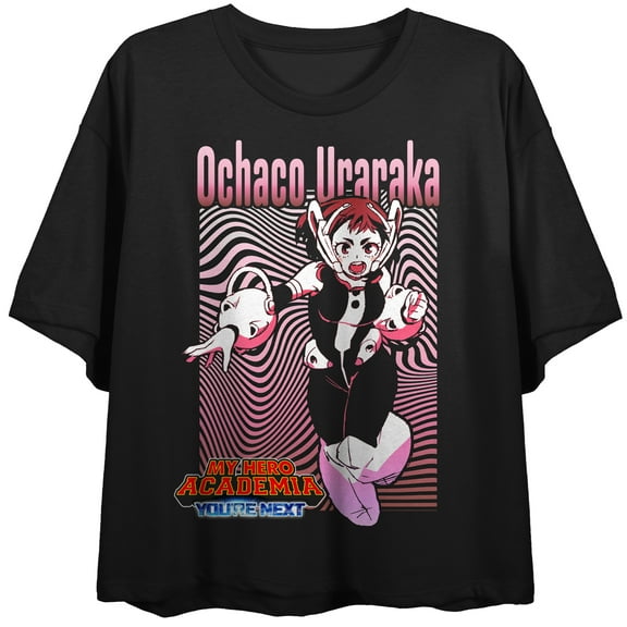 My Hero Academia: You're Next (Movie 4) Ochaco Uraraka fight pose, wavy lines Pink lines bg, logo on Black Short Sleeve Adult Crop T-Shirt-Large