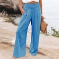 thumbnail image 2 of CAIVO Women Linen Pants Summer Solid Color Stretch Smocked High Waist Wide Leg Casual with Elastic Cuffs and Pockets Long Trousers, 2 of 4