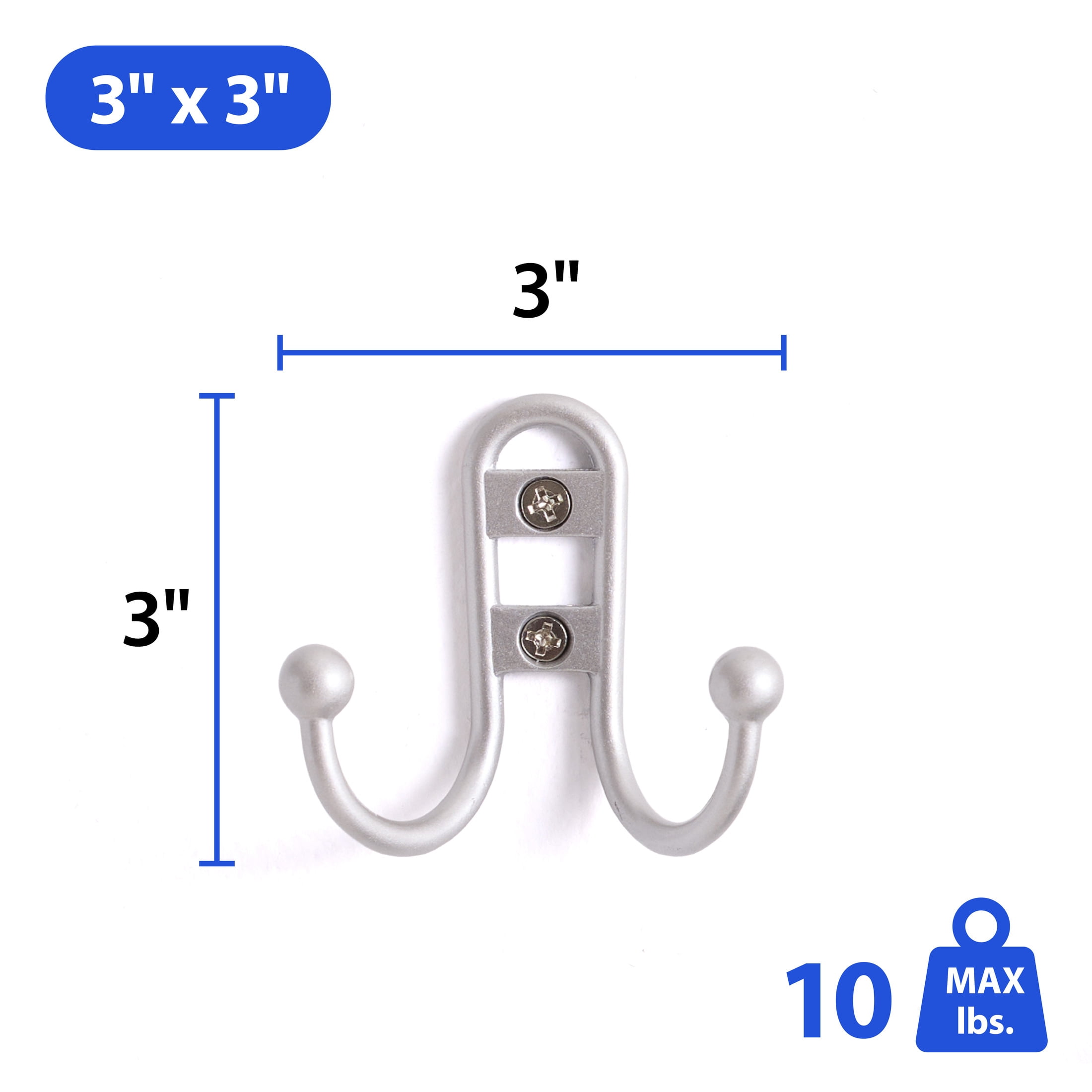 (4 pack) Mainstays, Double Hook Satin Nickel Metal Hooks, Clutter-Free Hooks for Hanging Towels and Coats, 10 lbs Capacity, 3 Pack
