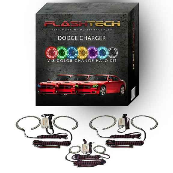 Flashtech RGB Multi Color Changing LED Halo kit for 2005-2010 Dodge Charger Headlights