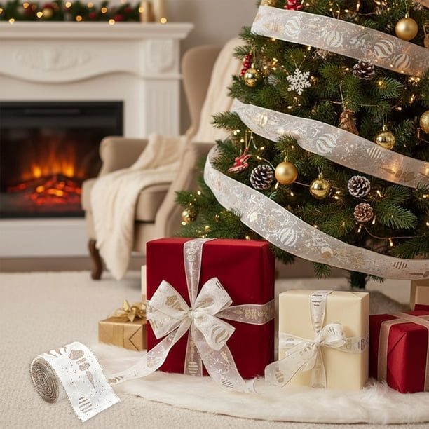Cinta de Satén Navideña con Lazo de 78,7 Pulgadas y Purpurina para Envolver Regalos, Cinta Decorativa de Poliéster | Color Champán, Rosa, Blanco y Plateado | Decoración para Árbol de Navidad y Corona