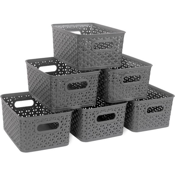 PinkSheep 6 Pack Plastic Storage Baskets Small Organizer Basket Bins Gray