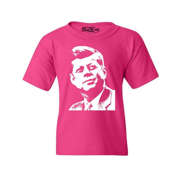 Shop4Ever Kids John F. Kennedy JFK 1960's President American Icon Graphic Child's Youth T-Shirt X-Large Heliconia Pink