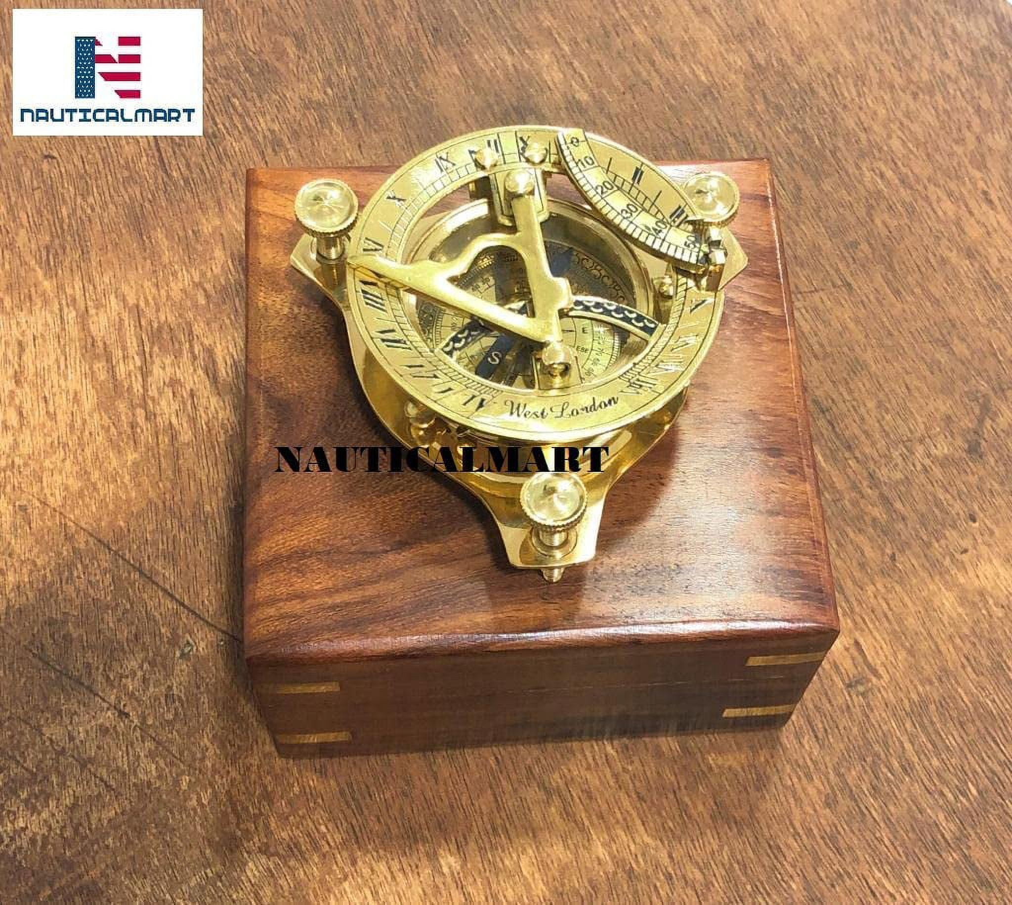 3.75" Brass Sundial Compass with Nautical Wooden Box