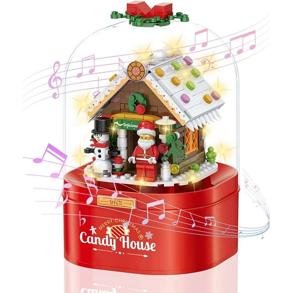 Jinsinto Christmas Music Box Building Blocks Kit, with Auto Rotate Christmas Music to Play Christmas Music for Christmas and New Year Gifts