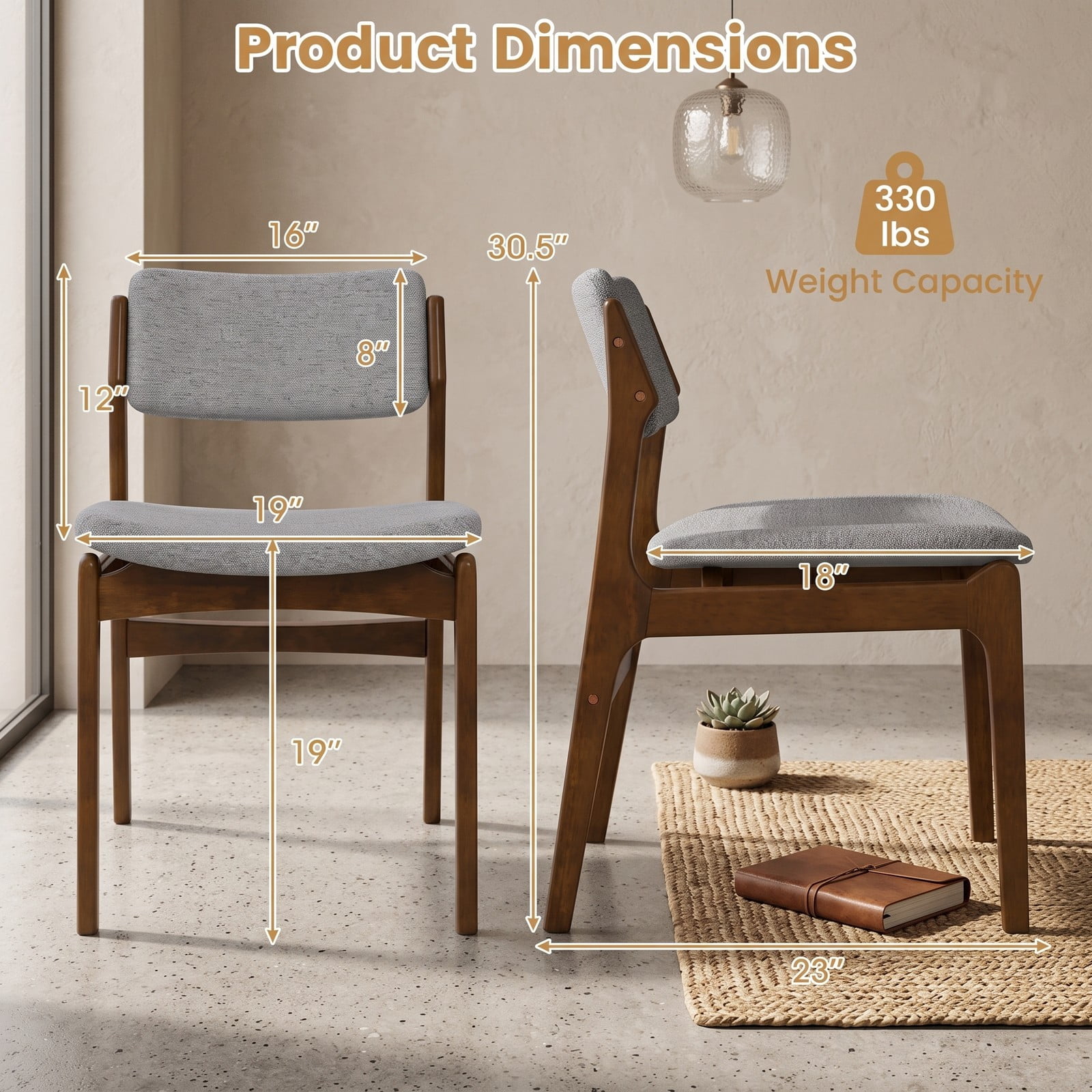 Furnibear Modern Padded Dining Chairs Set of 2, Upholstered Linen Fabric Kitchen Chairs with Solid Rubber Wood Legs, Ergonomic Slanted Backrest Accent Side, Brown