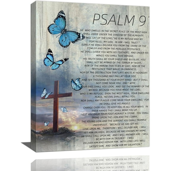Farmhouse Christian Psalm 91 Wall Art Scripture Bible Verse Wall Decor Country Religious Butterfly Cross Canvas Prints Painting Poster Artwork for Living Room Bedroom Bathroom Church 12"x16"