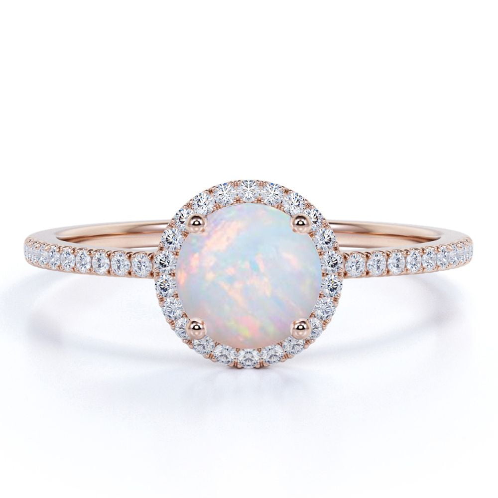 JeenMata Vintage 1.75 ct Genuine Round Blue Opal and Moissanite Promise Ring in 18K Rose Gold over Silver