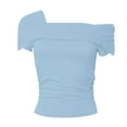 thumbnail image 5 of Women's Summer Tops Solid Color One Shoulder Short Sleeved Off Back Pleated Top T Shirt Athletic Sleeveless Shirt for Women, 5 of 5