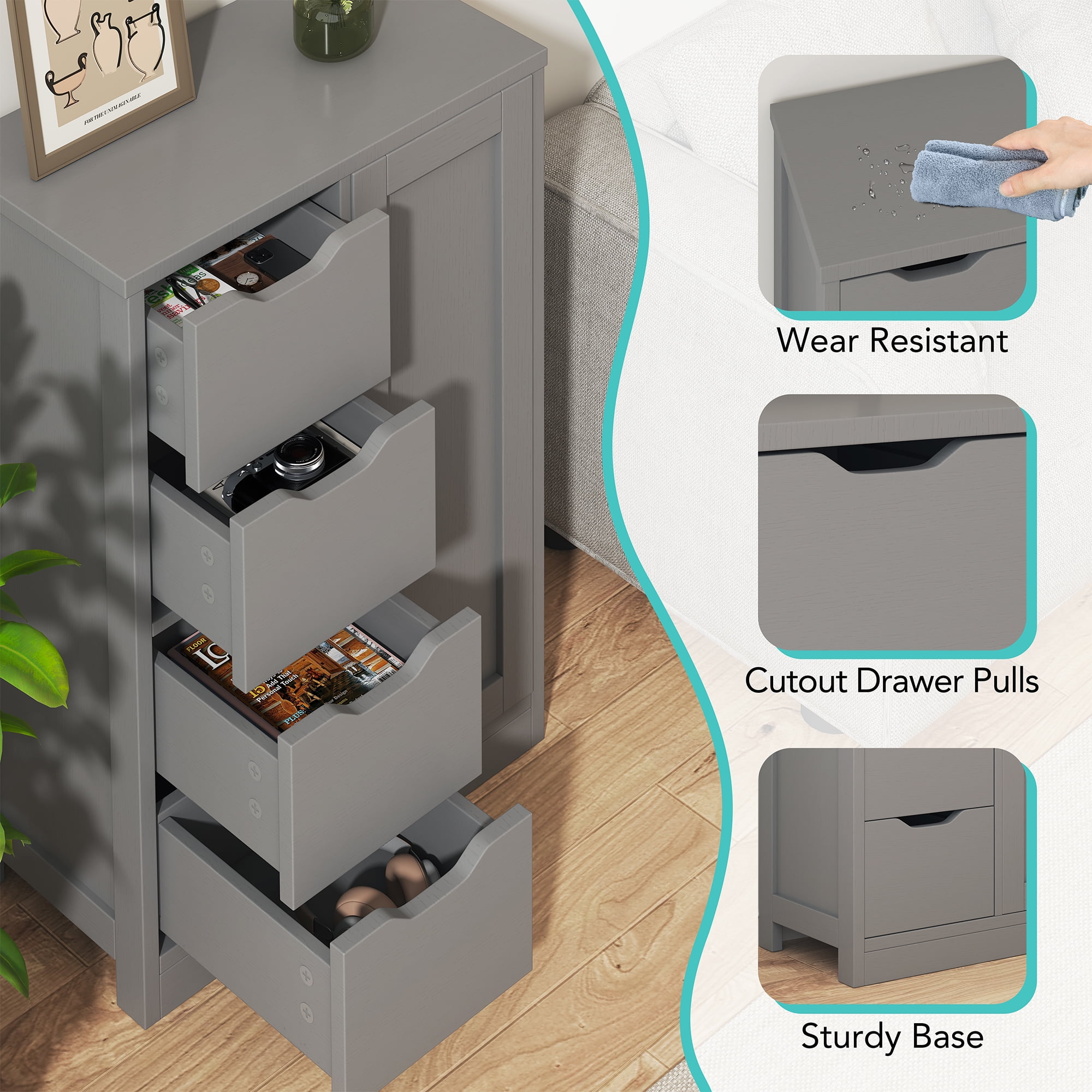 Walsunny Bathroom Floor Cabinet Storage Organizer Freestanding Wooden Cupboard with Door Drawers Adjustable Shelf for Small Spaces Laundry Room Kitchen Living Room Bedroom Home Office,Gray