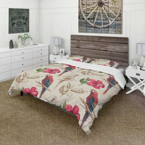 Designart 'Macaw Parrot and Hibiscus Flower' Floral Duvet Cover Set