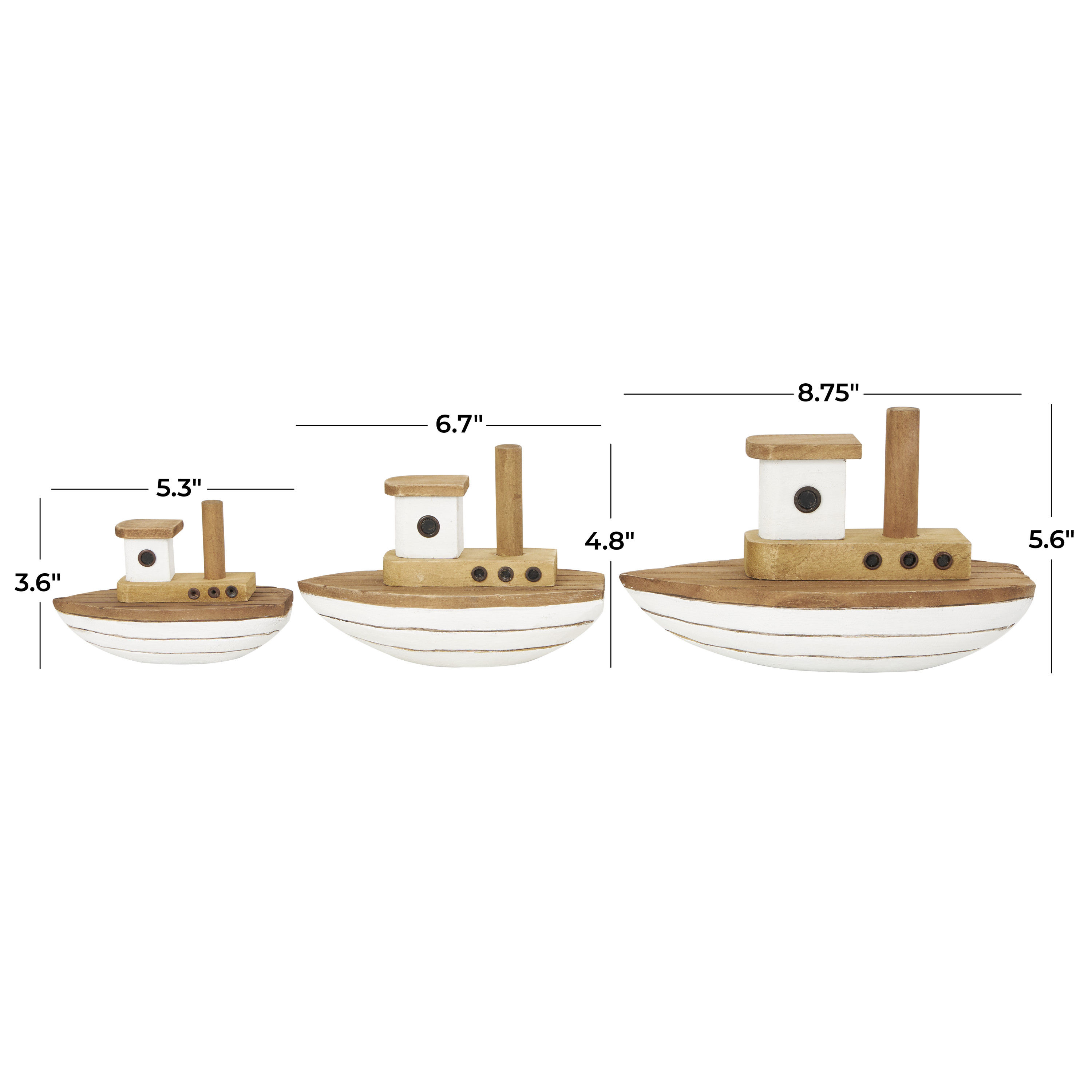 6", 5", 4"H Brown Wood Handmade Boat Sculpture with White Accents, by DecMode (3 Count)
