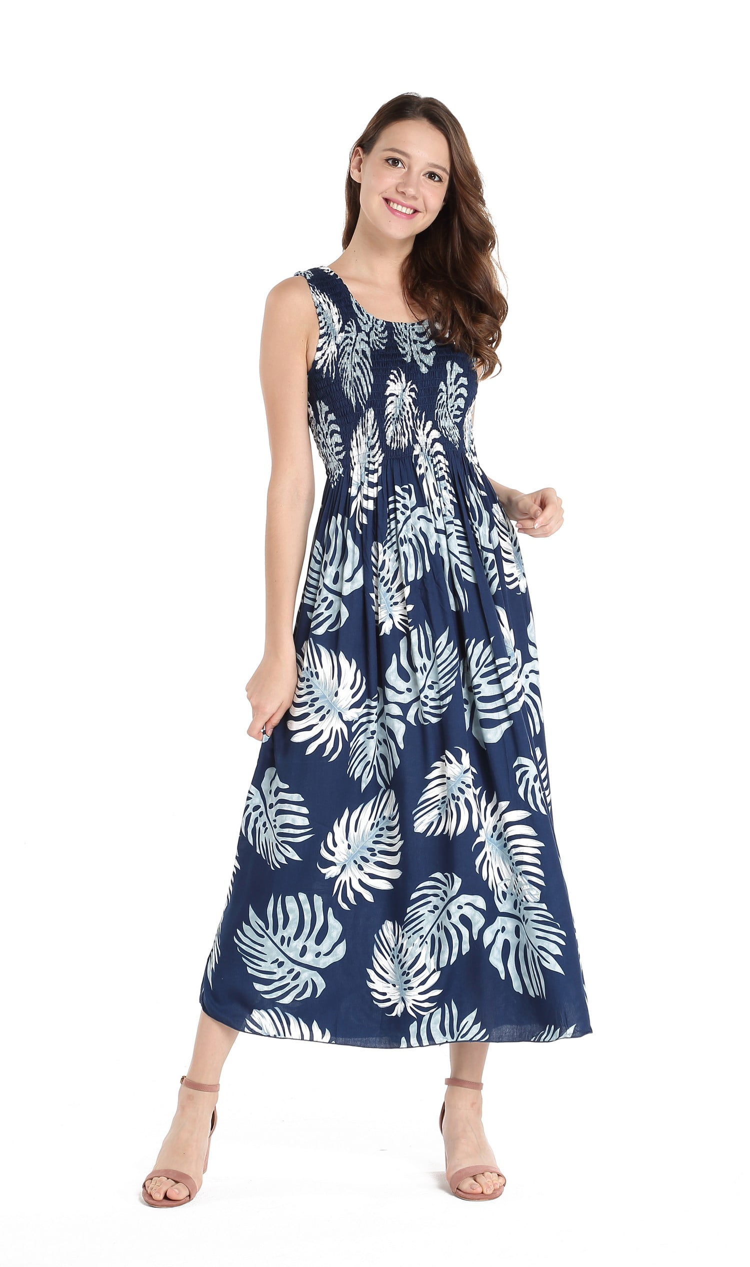 Hawaii Hangover Women's Hawaiian Maxi Tank Elastic Luau Dress in Palm Leaves