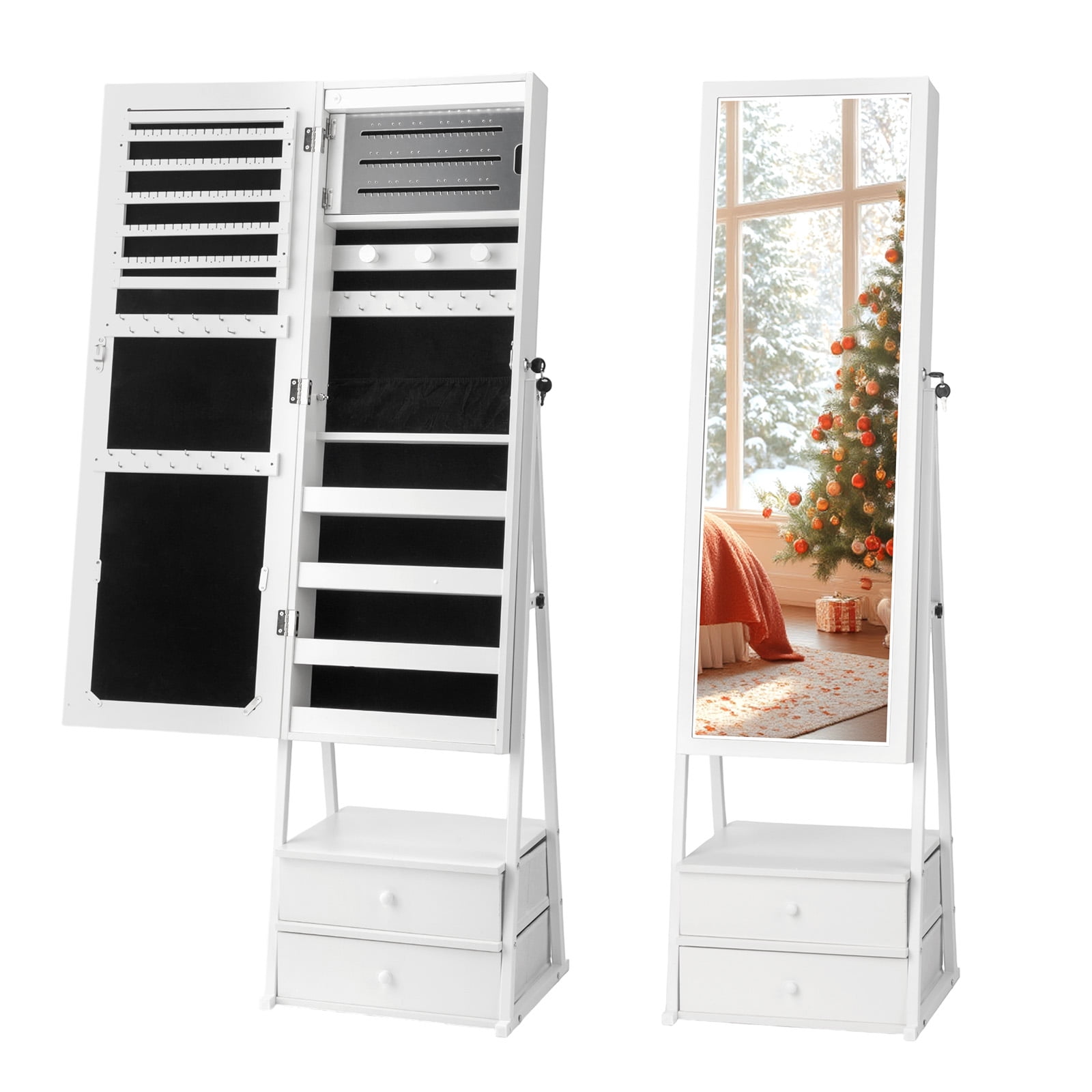 Zimtown Standing Jewelry Cabinet with Full Length Mirror - 2 Spacious Drawers & Makeup Storage Compartments, Freestanding Jewelry Organizer, White