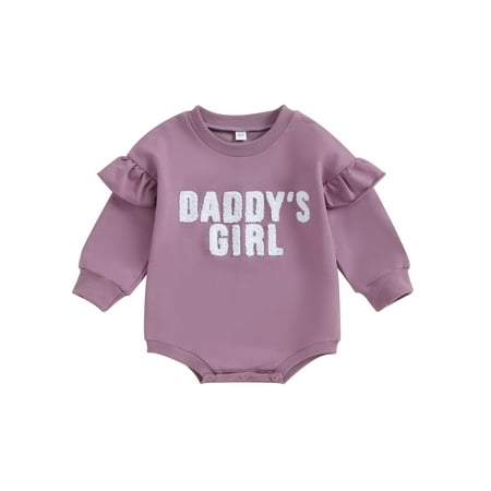 

Suealasg Baby Girls Bubble Rompers Clothes 3M 6M 12M 18M Newborn Girls Ruffle Long Sleeve Round Neck Letter Print Bodysuits Fall Playsuits Clothing for Infant Girl