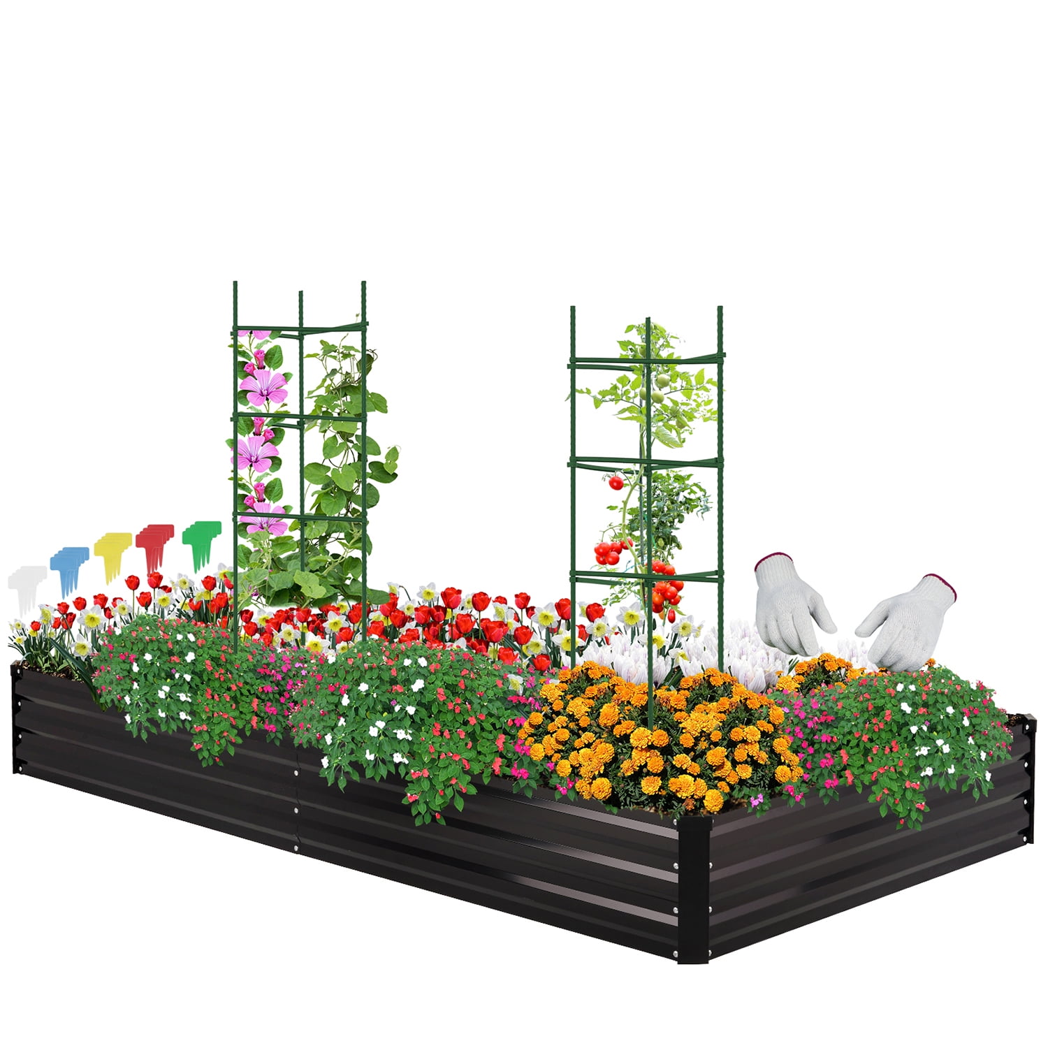 AMOBRO 8x4x1ft Outdoor Metal Raised Garden Bed Planter Box for Vegetables, Flowers, Herbs w/ 3 Tomato Cages Black