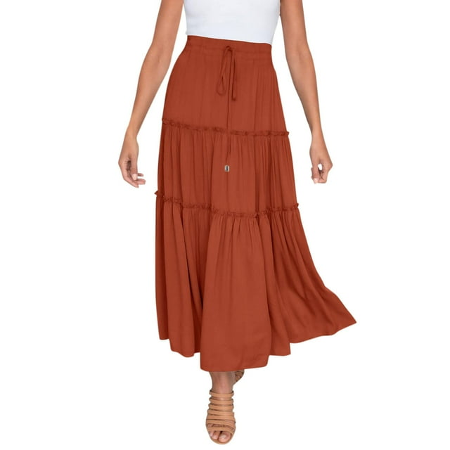 Women Skirts Summer ’S Elastic High Waist Boho Maxi Ruffle A Line Swing