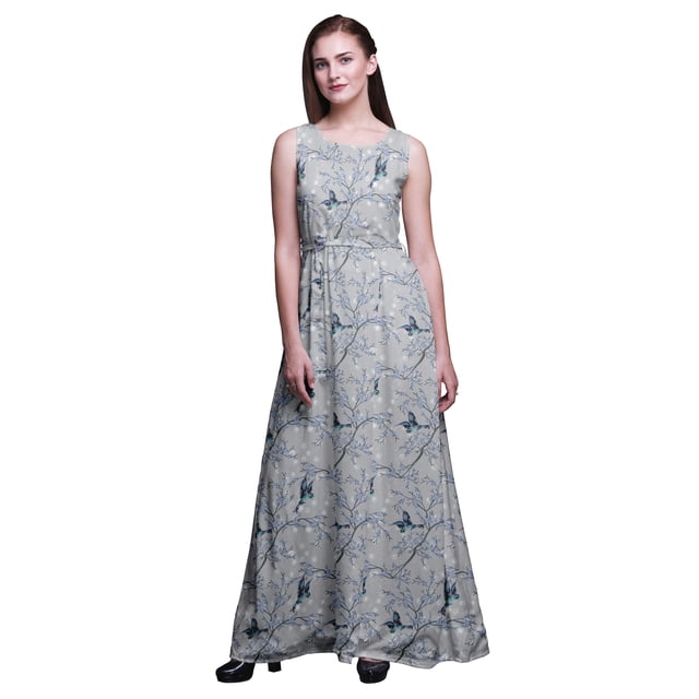 Bimba Robe Longue Décontractée Sans Manches à Col Rond pour Femmes, Imprimé Oiseau - Grand