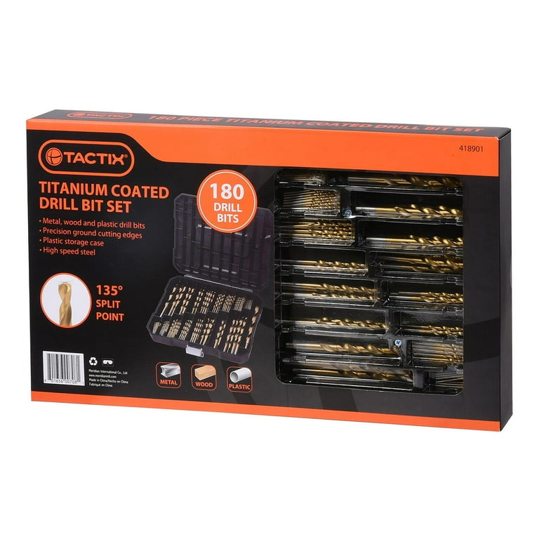 Tactix 180-Piece Titanium-Coated Drill Bit Set with Mobile