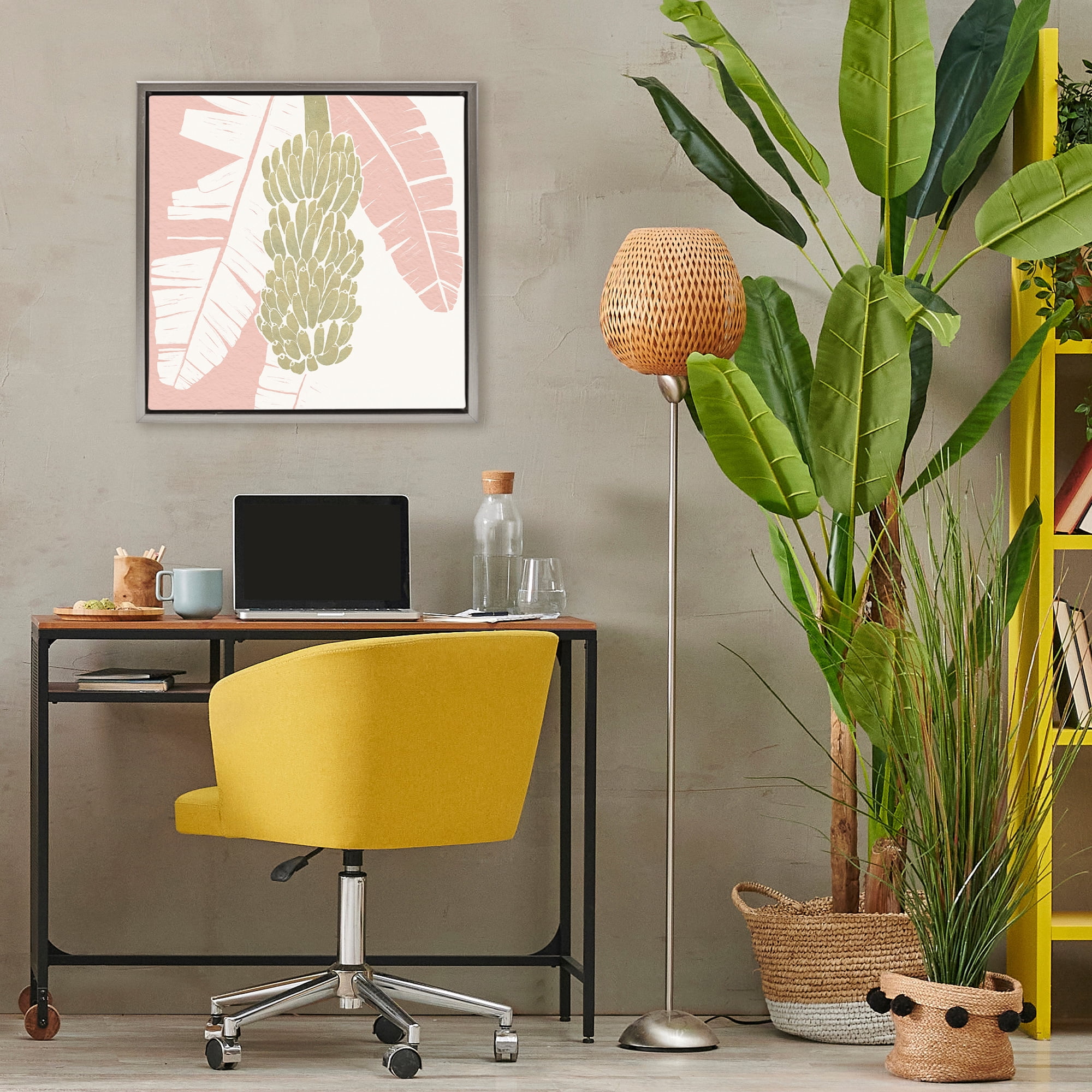 Stupell Industries Banana Bunch Amid Pink Leaves Gray Framed Floater Canvas Wall Art, design by Yuyu Pont