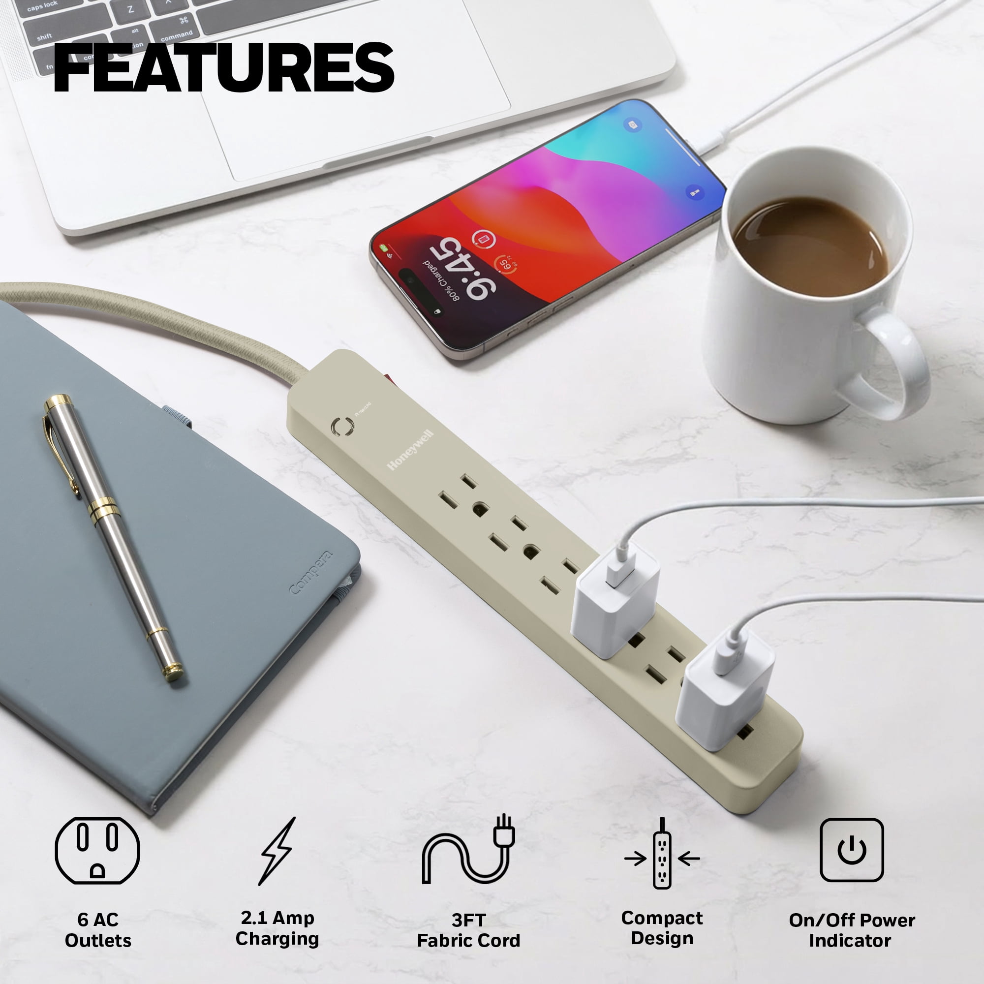2-in-1 Pack Power Strips with Taupe Finish - 9 Outlets & USB Ports