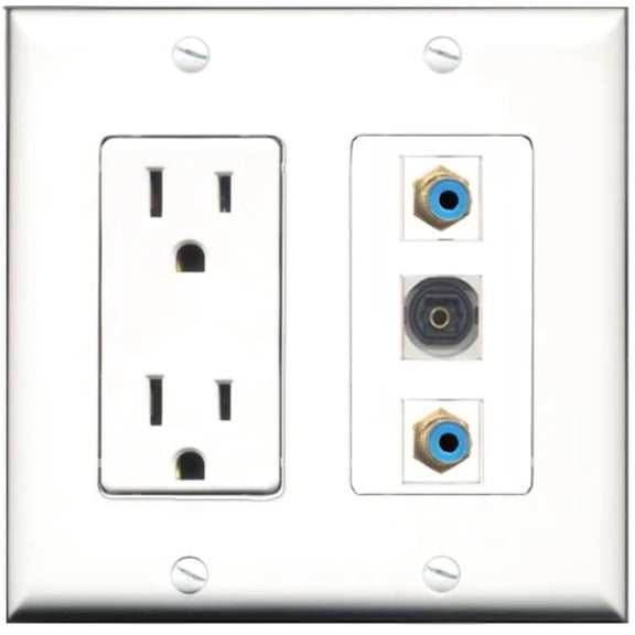 RiteAV - 15 Amp Power Outlet 2 Port RCA Blue 1 Port Toslink Decorative Wall Plate