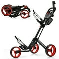 thumbnail image 1 of Gymax 3 Wheels Foldable Golf Push Pull Cart Trolley w/ Mesh Bag Foot Brake Red, 1 of 10