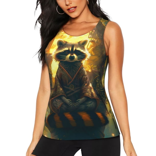 Fotbe Tree Meditating Raccoon Blusas Sin Mangas para Mujer – Estilo Casual, Corte Suelto, Slim-Fit, Cuello Redondo Deportivo, Tops de Verano para Gimnasio y Yoga-Medium