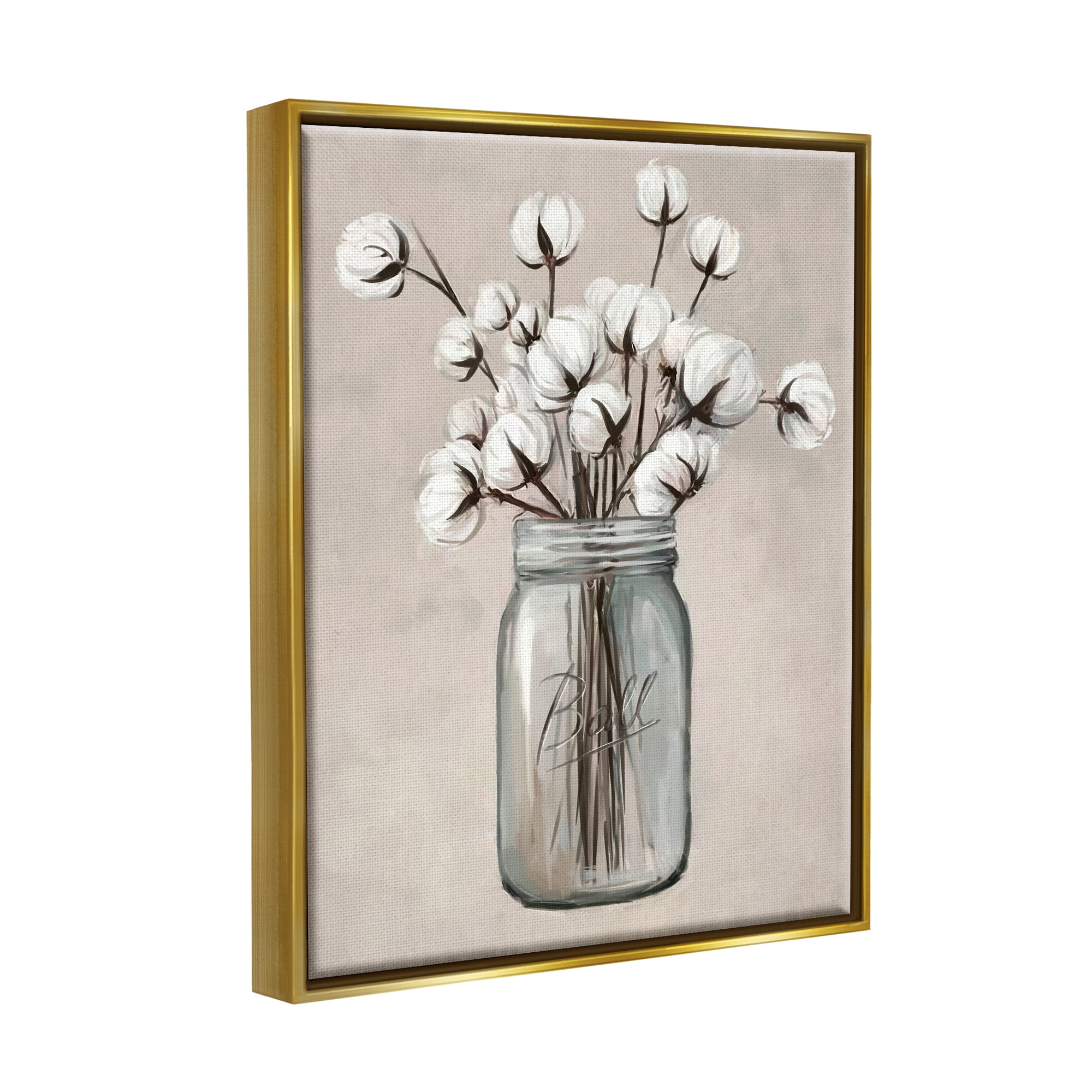 Stupell Industries Cotton Flower Jar Vase Botanical & Floral Painting Gold Floater Framed Art Print Wall Art