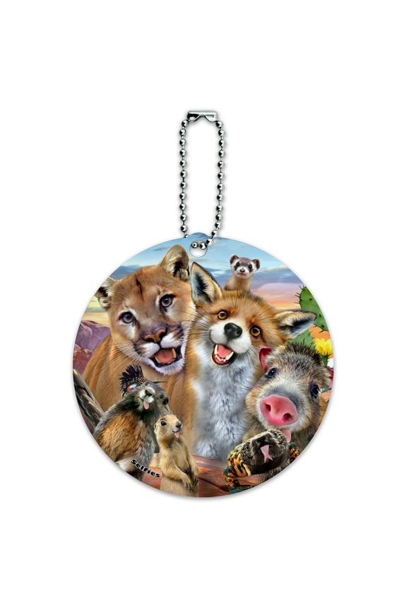 Southwestern Animals Selfie Cougar Fox Roadrunner Prairie Dog Round Luggage ID Tag Card Suitcase Carry-On
