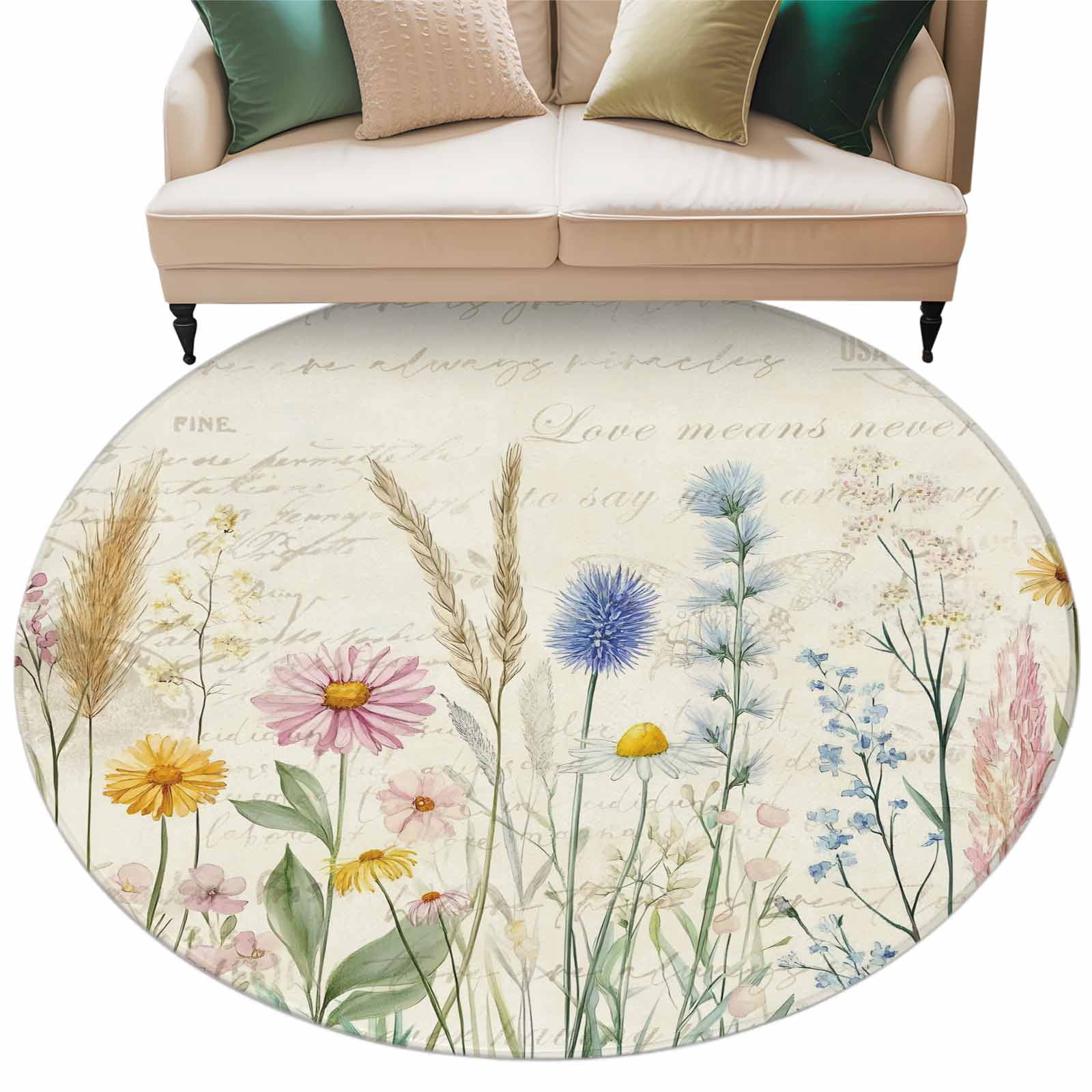Spring Floral Round Rugs 5ft, Summer Farmhouse Vintage Botanical Non Slip Washable Rug Runner, Low Pile Indoor Floor Carpet Mat Bathroom Rugs for Living Room, Bedroom, Kids Room