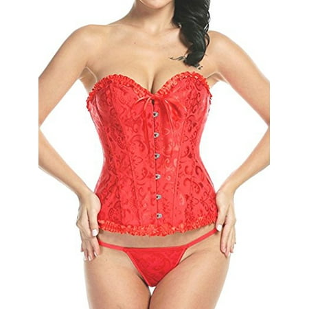 SAYFUT Women s Overbust Corset Bustier Fashion Jacquard Pattern Lace Body Shaper Red Size S-6XL