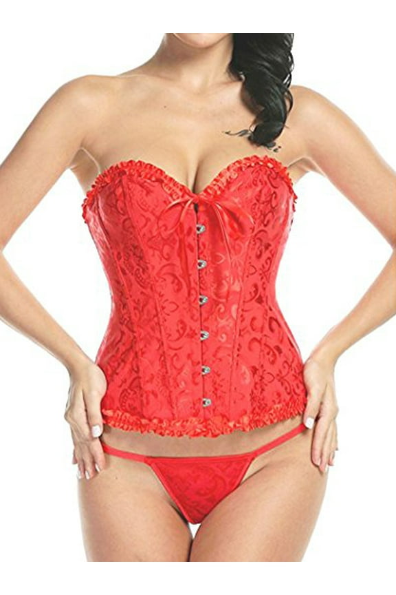 Women's Overbust Corset Bustier Fashion Jacquard Pattern Lace Body Shaper Red Size S-6XL