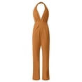 thumbnail image 3 of Women's Sexy Jumpsuit, Sleeveless Deep V Halter Neck Backless Wide Leg Jumpsuit, Elastic Waist Party Outfit, Flattering Fit for Women, Evening Wear and Special Occasions-Brown, 3 of 6