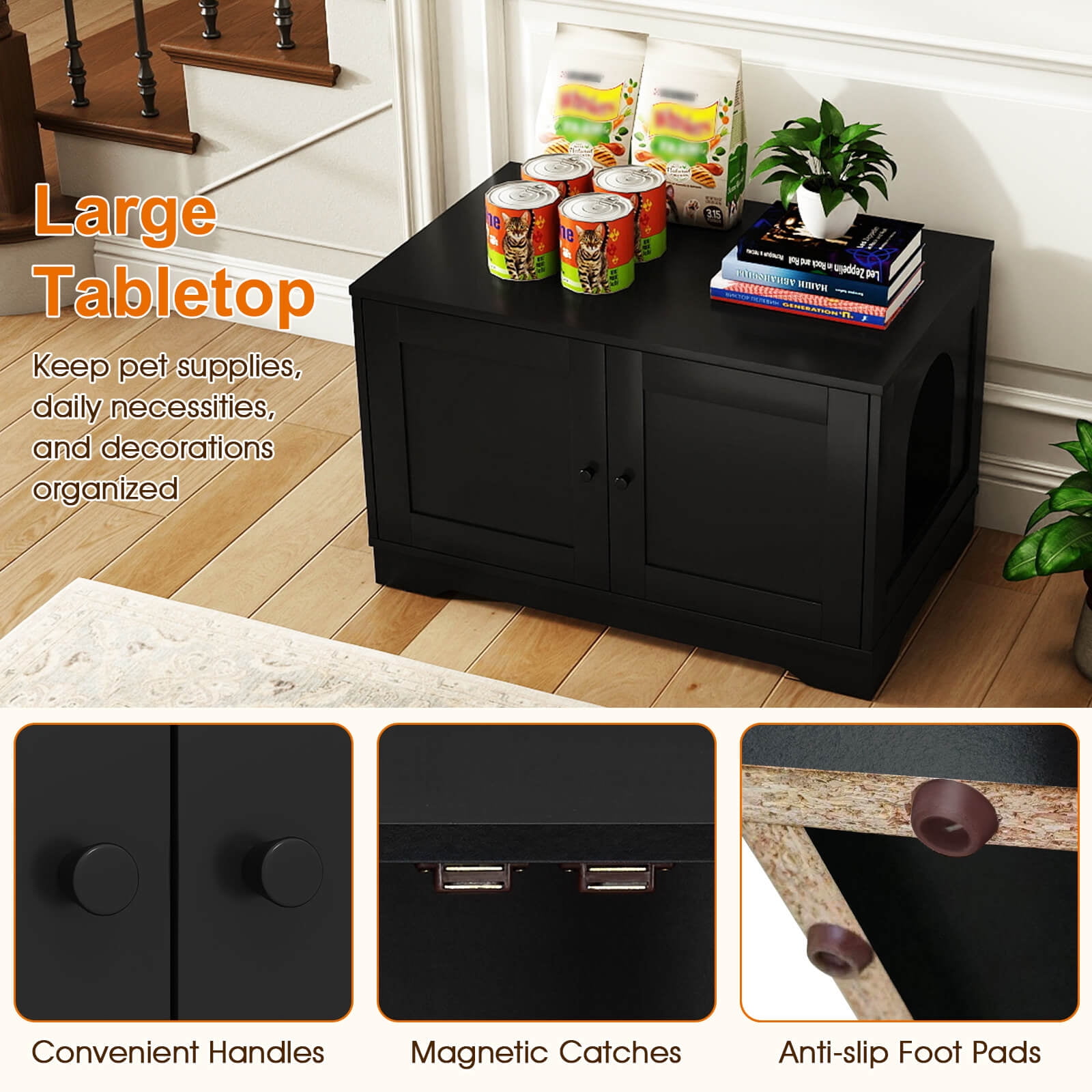 Costway Cat Litter Box Enclosure Furniture with Double Doors Divider Side Entry for Cats Black