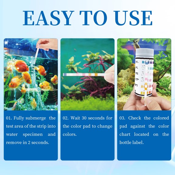 6 in 1 Aquarium Test Strips Fast & Accurate Water Quality Testing Strips for Freshwater Saltwater,Pond Fish Tank Test Strips for PH,Carbonate,Hardness,Residual Chlorine,Nitrate,Nitrite 100pcs