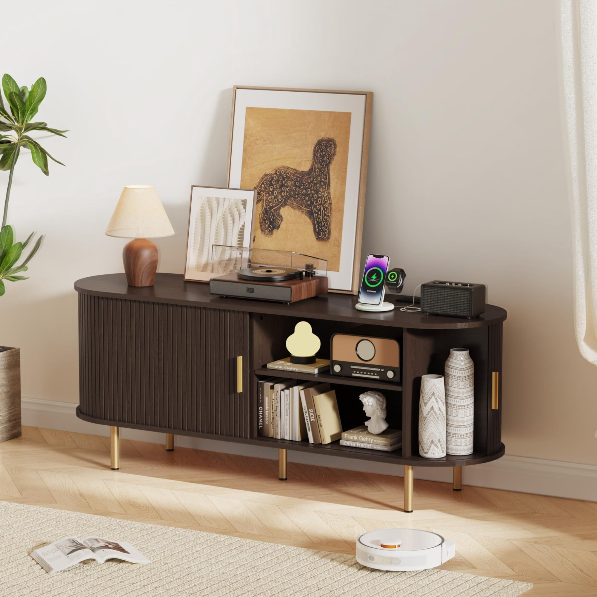 55 Inch Mid Century Modern TV Stand with Power Outlet, Fluted Media Console with Sliding Doors for TVs up to 60 Inch, Coffee