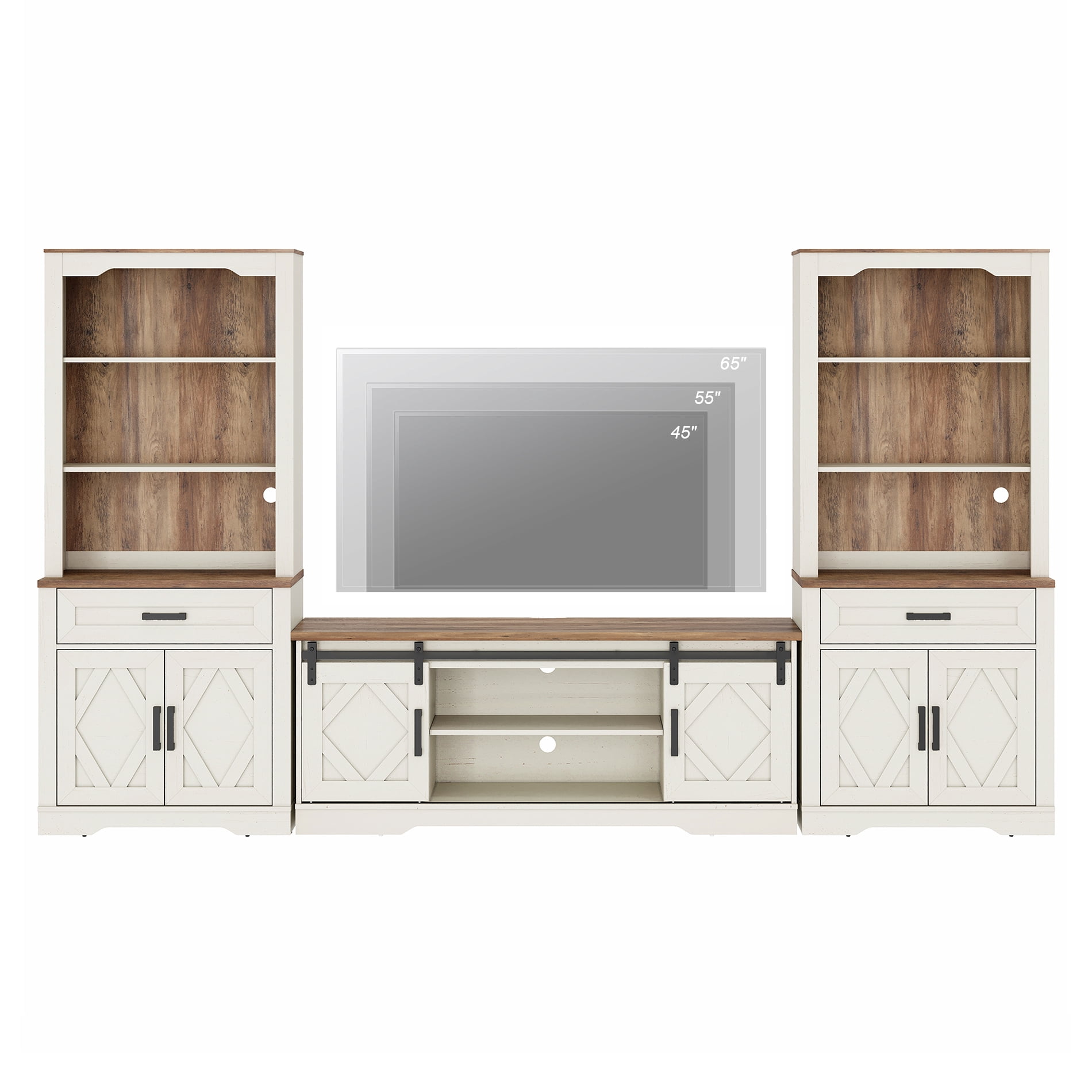 WAMPAT Farmhouse Entertainment Center with Bookshelf for TVs up to 65",Mid Century Modern TV Stand with 73"H Tall 5-Tier Bookcase with Open Storage and Barn Doors for Living Room,Cream White