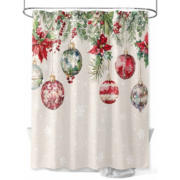 Christmas Balls Long Shower Curtain Set, Waterproof Shower Curtains for Bathroom, Red Green Xmas Botanical Snowflake Rustic Washable Fabric Cloth Bath Curtain for Bathtub with Hooks 72x84 Inches