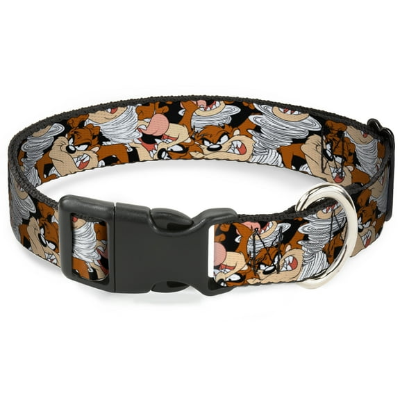 Looney Tunes Pet Collar, Dog Collar Plastic Buckle, Tasmanian Devil Vortex Poses Stacked Black, 7 to 8.5 Inches 0.5 Inch Wide