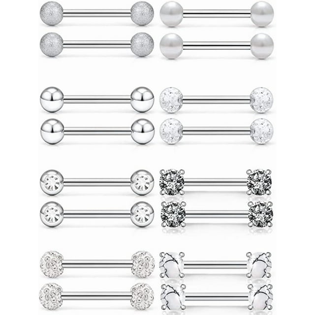 Woeilo 2PCS Nipple Rings Stainless Steel Nipplerings Tongue Straight Barbell Rings Body Piercing Jewelry for Women Men