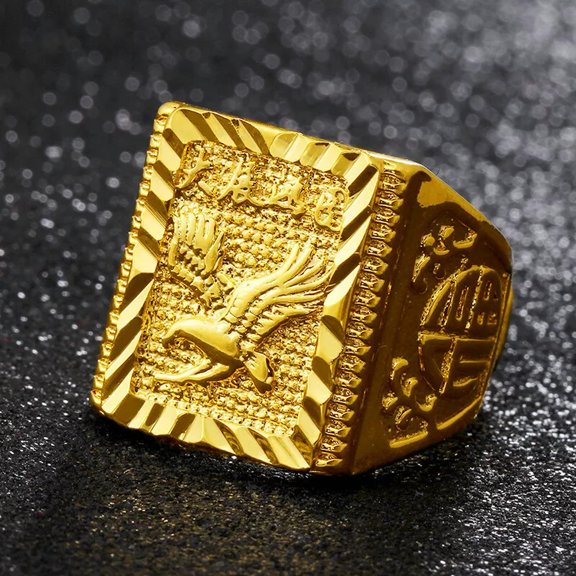K-KED Men's Eagle domineering opening square 23K 24K THAI BAHT YELLOW GOLD Plated RING